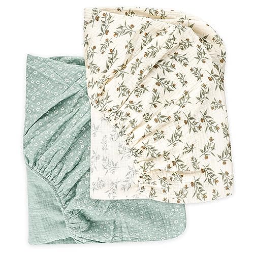 Muslin Crib Sheets 2 Pack for Girl & Boy, HNHUAMING Soft and Breathable Baby Crib Sheet, Neutral Baby Sheets Fitted Standard Crib & Toddler Bed Mattress 52" X 28" (Blue + Green)