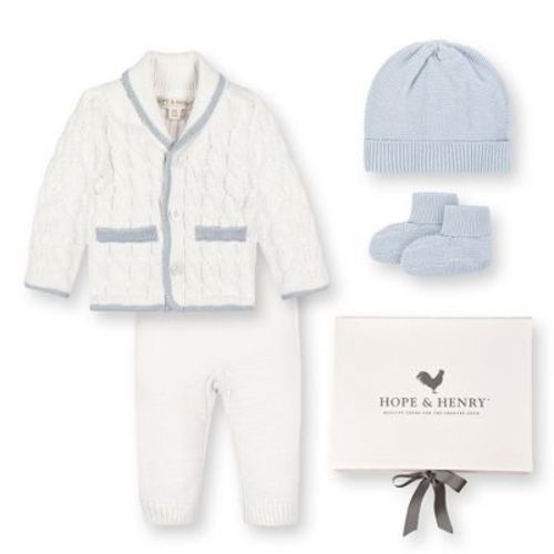 Hope & Henry Baby 5 Piece Organic Sweater Cable Cardigan, Legging, Hat, & Bootie Boxed Gift Set, White Airy Blue Shawl Cardigan Set, 0-3 Months