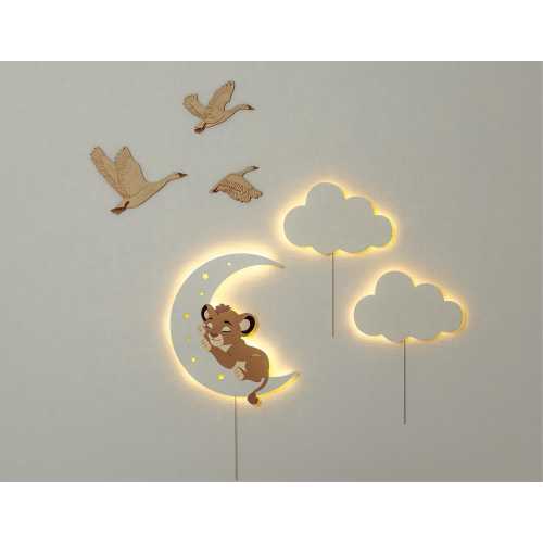 Night Light Set - 2 Cloud Shaped Nightlights and 1 Lion on the Moon Night Light - Soft LED Glow, Baby Room Decor