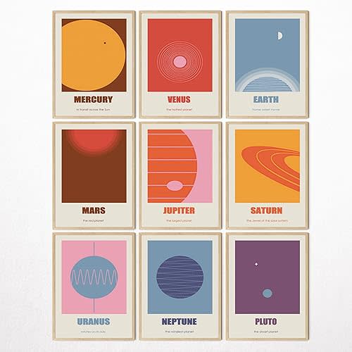 Solar System Planets Minimalist Poster(Set of 9) Outer Space Wall Art for Living Room Bedroom Kids Room Decoration Unframe-style 08x12inch(20x30cm)