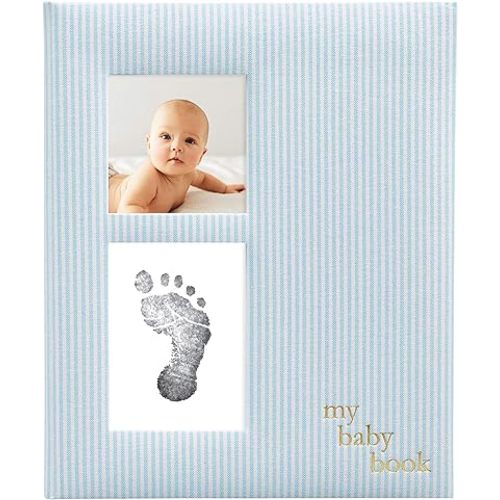 Pearhead Seersucker Baby Book, Baby Journal for Baby Boy, Baby Photo Album, Blue