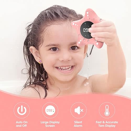 Baby Bath Thermometer Safety, Auto On & Off Bathtub Thermometer Floating Toy, Digital Bathing Water Temperature Warning, Pink Sea Star Shape