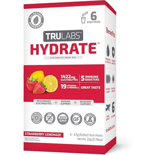 TRULABS Hydrate Strawberry Lemonade 6ct. Sugar Free Electrolytes Hydration Packets. Each Serving Contains 1422 mg of Electrolytes &19 Vitamins & Minerals.