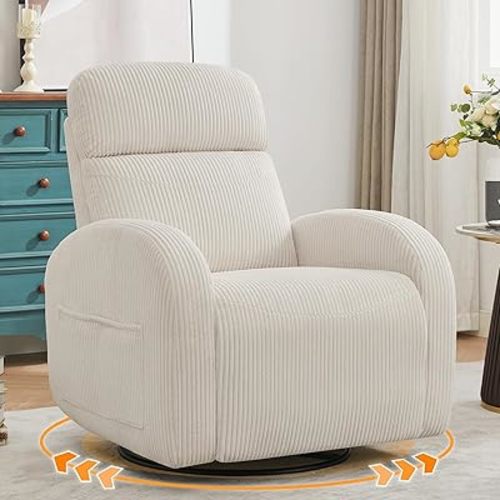 Swivel Recliner Rocker Nursery, Nursering Glider Recliner, Manual Swivel Rocking Reclining Single Sofa with Double Pockets for Living Room, Corduroy Cream White