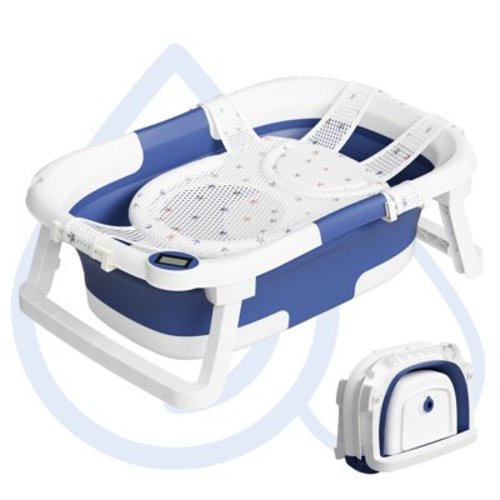 Aprpink Foldable Baby Bathtub PP+TPE with Soft Bath Net&Thermometer for 0-36 Months Toddler Blue