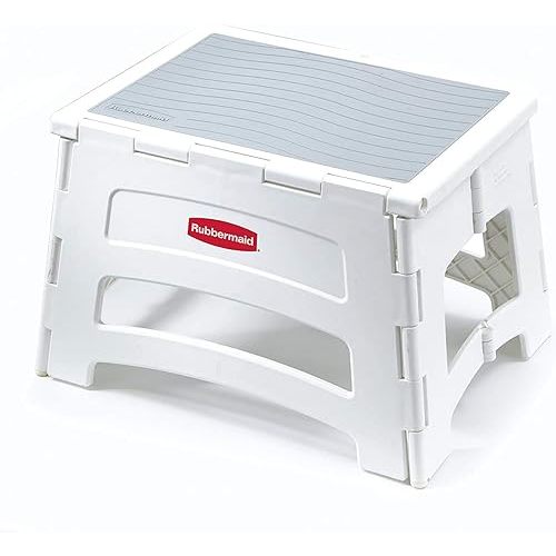 Rubbermaid Mini Folding Step Stool, Short, Foldable, Lightweight with Slip Resistant Treads and Non-Slip Feet, White