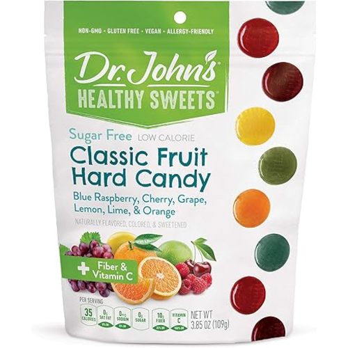 Dr. John's - Caramelos sin azúcar, dulces duros saludables con cero azúcar, aperitivos bajos en calorías, aptos para keto, veganos, sin gluten, sabores clásicos de frutas, 24 unidades, 3.85 onzas