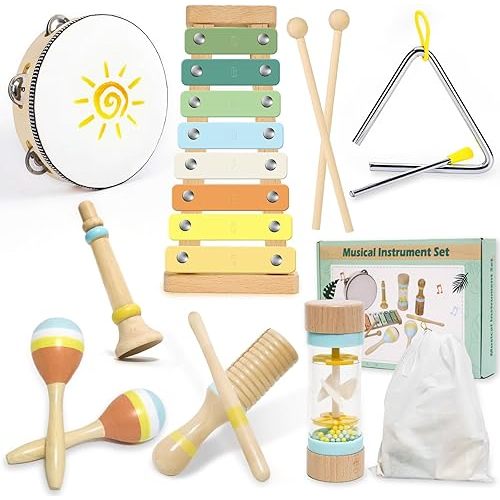 Musical Instruments for Toddlers 1-3, Wooden Montessori Musical Toys Set for Baby 1 Year Old with Boho Xylophone/Drum, Kids Preschool Educational Christmas Birthday Gifts for Girl Boy