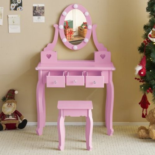 Vanity Set with Mirror, Lights, Stool and 5 Storage Drawers, Pretend Play Princess Makeup Desk, Dressing Table and Stool for Little Girls Age 3+, Macaroon Purple