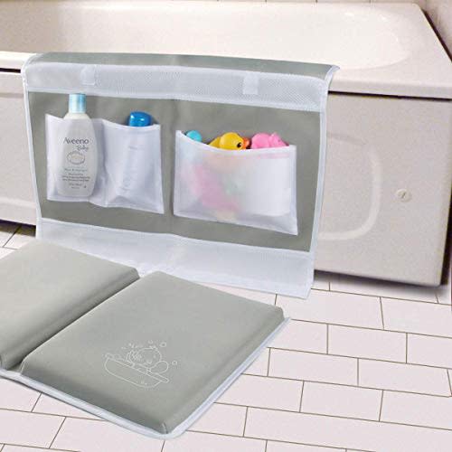 Bath Kneeler and Elbow Rest Pad Set - 1.5" Thick Bath Kneeling Pad with Toy Organizer - Large Safty Kneeler Mat for Tub Bathing and Bathroom Time - Detachable and Foldable Child Bath Tub Mat - Gray