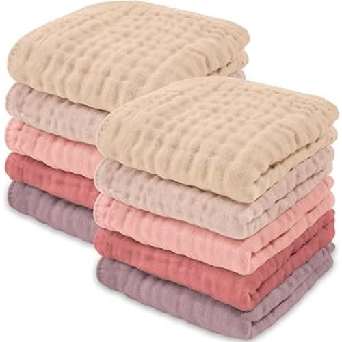 Comfy Cubs Muslin Baby Washcloths 10 Pack - Soft 6-Layer Cotton Wash Cloths for Sensitive Skin - 10"x10" Large, Gentle, Absorbent Infant Essentials for Newborn and Toddlers - Multi Girl