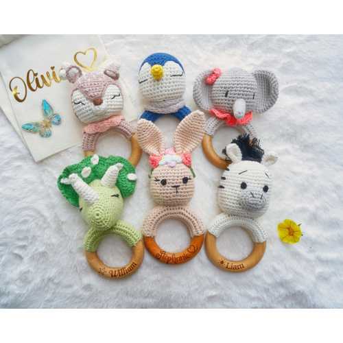 Personalized Baby Crochet Rattle Baby Gift Handcrafted Baby Shower Gift Sensory Toy First Birthday Present Newborn Keepsake Custom Gift