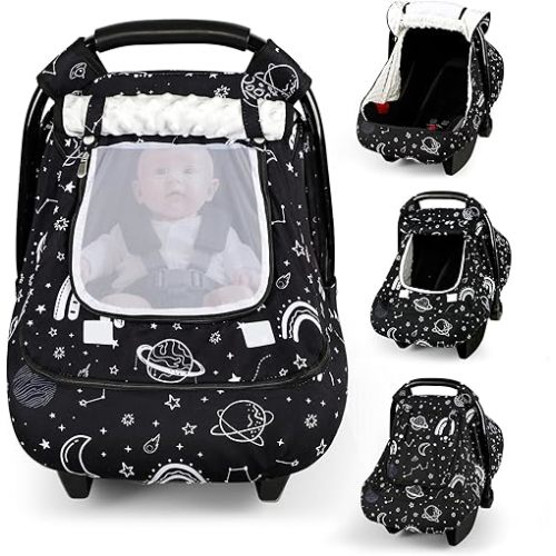 Winter Car Seat Cover Baby with Sunshade & Dual Zipper Windows - Minky Bubble Lined Windproof Soft Shell, Warm Newborn Car Seat Canopy Covers, Elastic Bottom for Stroller & Infant Car Seat, Space
