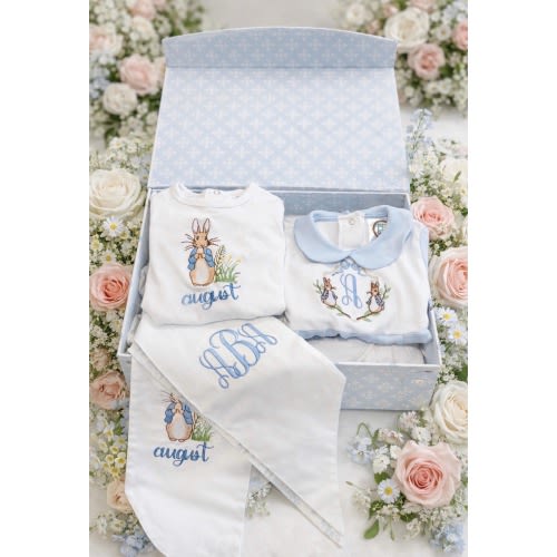 Heirloom Embroidered Bunny Baby Large Gift Set – Personalized Cotton Quilt & Bodysuits