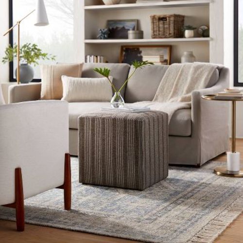 Lynwood Square Upholstered Cube Ottoman Dark Brown Stripe - Threshold™ designed with Studio McGee: Transitional Style, Plywood Frame