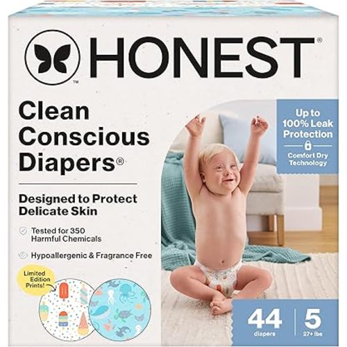 The Honest Company Clean Conscious Diapers for Sensitive Skin | Up to 100% Leakproof | Hypoallergenic, Fragrance Free | Summer '25 Limited Edition Prints | Club Box, Size 5 (27+ lbs), 44 Count