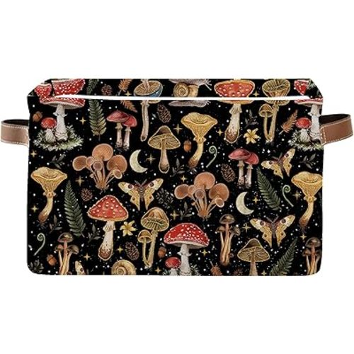 Mushroom Rectangle Storage Basket - Mushroom Themed Collection Collapsible Storage Baskets with Handles - Mushrooms Toy Bin - Mushrooms Pattern Storages Bin for Kids Clothes, Gifts, Books