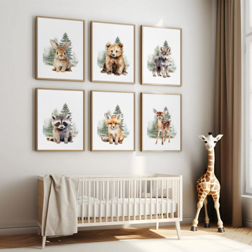 Ophelia & Co. Woodland Animal Nursery Wall Art Decor Set Of 6 Baby Room Wall Art Forest Animal Canvas Wall Decor Kids Art Prints Watercolor Bear Deer Fox Pictures Artwork For Bedroom 12X16 Inch Unframed | Wayfair