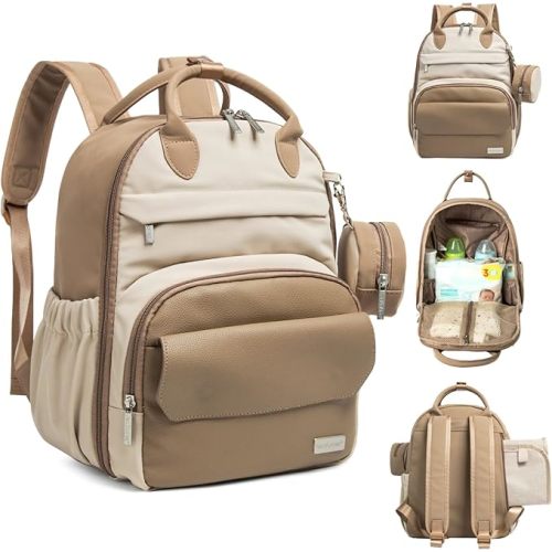 KeaBabies Diaper Bag Backpack - Small Multifunctional Travel Diaper Back Packs, Maternity Baby Changing Bags, 12L Capacity, PU Leather, Waterproof, Unisex, Nappy Changing Pad (Latte, Small)