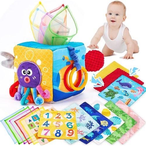 Baby Tissue Box Toy - Baby Toys 6-12 Months Montessori Toys for 6 Month Old Toys with Textured Tails, Cloth Tissues, Crinkle, Squeaky Sounds, Mirror - Christmas Stocking Stuffers 9 Month Old Toys - A - Tissue Box - Deluxe