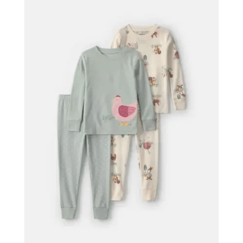 Baby Girl 4-Piece Country Chicken 100% Cotton Snug Fit Pajama Set - Blue/Cream | Carter's