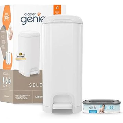 Diaper Genie Select Pail is Made of Durable Stainless Steel and Includes 1 Starter Square Refill That can Hold up to 165 Newborn-Sized Diapers.