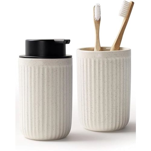 Bosilunlife Soap Dispenser and Toothbrush Holder Set - Dish Hand Soap Dispenser Bathroom Set Ceramic Bathroom Counter Soap Toothbrush Holder Set Beige Bathroom Accessories Set