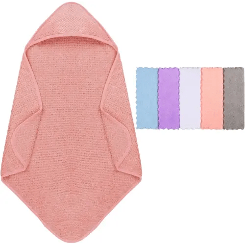 Orighty Baby Hooded Towel with Five Washcloths, 28 x 28 Inch Super Soft Bath Towel with Hood for Babies, Infant, Newborn Essential - Ideal Baby Stuff Registry for Boys and Girls (Pink)