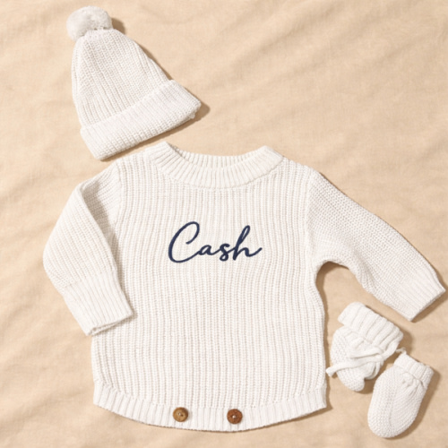 Custom Knit Set – Romper + Booties + Beanie