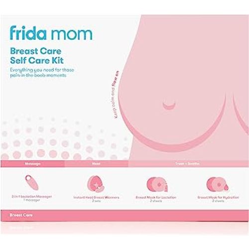 Frida Mom Breast Care Self Care Kit - 2-in-1 Lactation Massager, Instant Heat Breast Warmers, Breast Mask for Hydration, Breast Mask for Lactation - 9 Piece Set