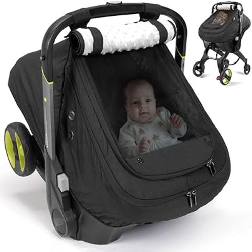 Bioby Waterproof Baby Car Seat Cover, Infant Car Seat Cover for Boy Girl, Roomy Cozy Windproof Sun Protection Baby Carseat Covers Canopy with Breathable Net and Holes, Universal Fitted Black