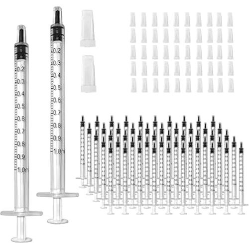 50 Pcs 1ml 1cc Syringe No Needle Plastic Syringe with Caps for Pets Oral, Refilling, Oil or Glue Applicator, Measuring or Transfering Tiny Amount of Liquids