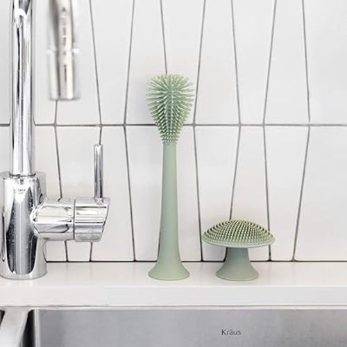 ezpz Kitchen Duo Set (Sage) - 100% Silicone Reusable Durable Long-Lasting Bottle Brush + Mushroom Sponge with Suction Base for Cleaning Dishes, Cookware and Feeding Accessories