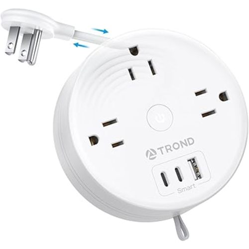 TROND Travel Power Strip - Retractable Extension Cord 5ft Ultra Thin Flat Plug, Retractable Power Strip with 3 AC Outlets 3 USB Ports (2 USB C), Cruise Ship Essentials, for Home Hotel Dorm Room, White