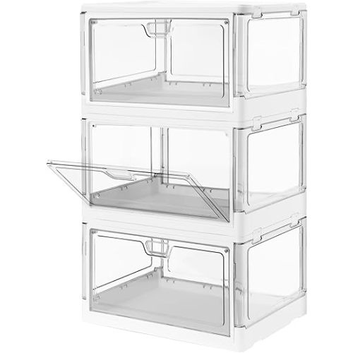 3-Pack Clear Stackable Storage Bins with Lids Magnetic Doors Open Front Foldable Folding Plastic Craft Containers Large Closet Organizers Box for Bedrooms Living Rooms Study Kids' Toys 24 QT