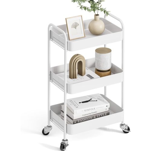 TOOLF 3-Tier Rolling Cart, Metal Utility Cart with Lockable Wheels, Storage Craft Art Cart Trolley Organizer Serving Cart Easy Assembly for Office, Bathroom, Kitchen, Kids' Room, Classroom (White) - Standard 3-Tier
