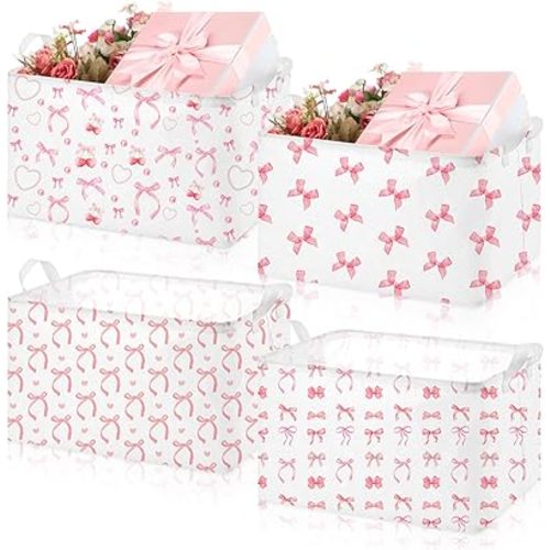 Chunful 4 Pcs Storage Baskets Cute Laundry Baskets Foldable Storage Bins with Handle Collapsible Organizer for Home Closet Office Bedroom(Pink Bow)