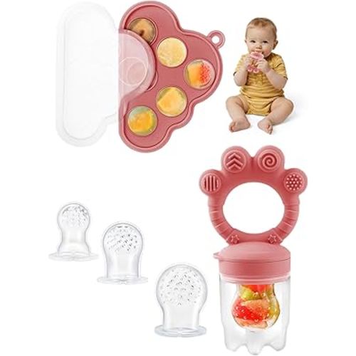 Breastmilk Popsicle Molds & Baby Fruit Food Feeder Pacifier, Silicone Baby Food Storage Containers, Baby Popsicle Molds Teething for Toddler Teething & Infant Self Feeding (Pink)