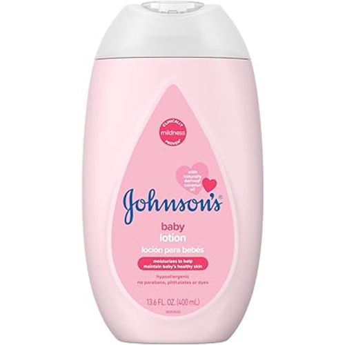 Johnson's Baby Moisturizing Mild Pink Baby Lotion with Coconut Oil for Delicate Baby Skin, Paraben-, Phthalate- & Dye-Free, Hypoallergenic & Dermatologist-Tested, Baby Skin Care, 13.6 Fl. Oz