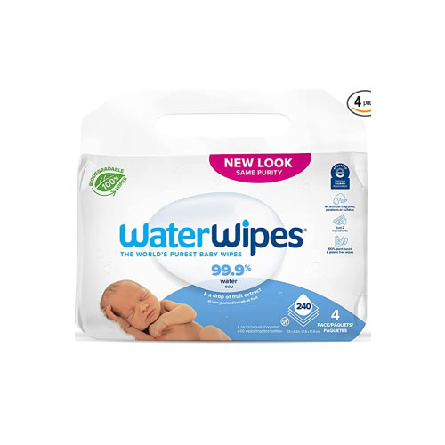 WaterWipes Biodegradable Original Baby Wipes, 99.9% Water Based Wipes, Unscented & Hypoallergenic for Sensitive Skin, 240 Count (4 packs), Packaging May Vary