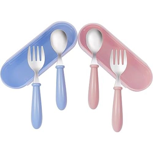 Kirecoo 4 Pieces Toddler Utensils Stainless Steel Baby Forks and Spoons Silverware Set Kids Silverware Children's Flatware Kids Cutlery Set with Travel Carrying Cases for Lunch Box (Blue＆Pink)
