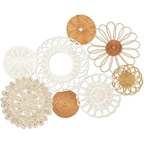 LOCS MICRAI Wall Basket Decor Set of 8,Flat Woven Basket Wall Hanging Decor,Handmade Rattan Wicker Flower Wall Baskets Decor,Unique Boho Wall Decor Art Diameter from 13.8" to 5.1"