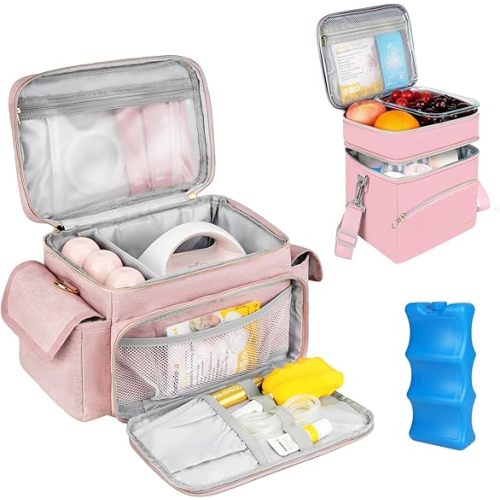 Breast Pump Bag Compatible with Spectra S1 and S2, Breastmilk Baby Bottle Cooler Bag with Ice Pack, Pink