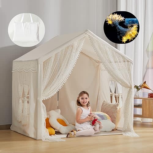 Play Tent for Kids with Star Lights, Large Kids House Indoor & Outdoor, Castle Tent for Girls Decorated Sequin Sparkle Stars, Playhouse with Front & Rear Doors for Toddler, Boho Decor