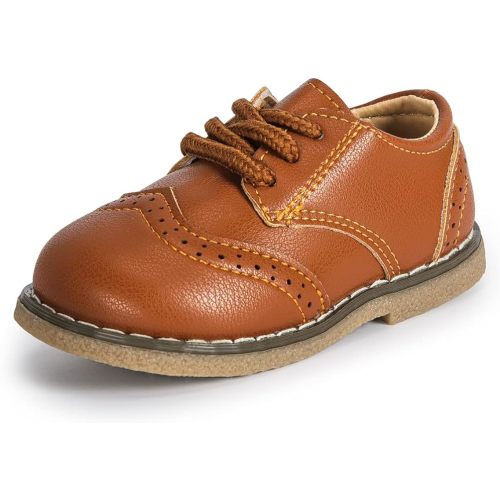 Boys Girls Oxford PU Leather Shoes Little Kid Wedding Dress Shoes Toddler Lace Up Non-Slip Texture Sole Loafer Flats Classic School Uniform Walking Shoes(Toddler/Little Kid) - 6 Toddler - A03/Brown