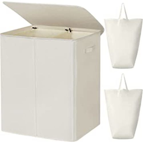 WOWLIVE 154L Double Laundry Hamper with Lid and Removable Laundry Bags, Large Dirty Clothes Hamper 2 section Collapsible Laundry Basket Dorm Room Storage for Bedroom, Bathroom, College,Beige