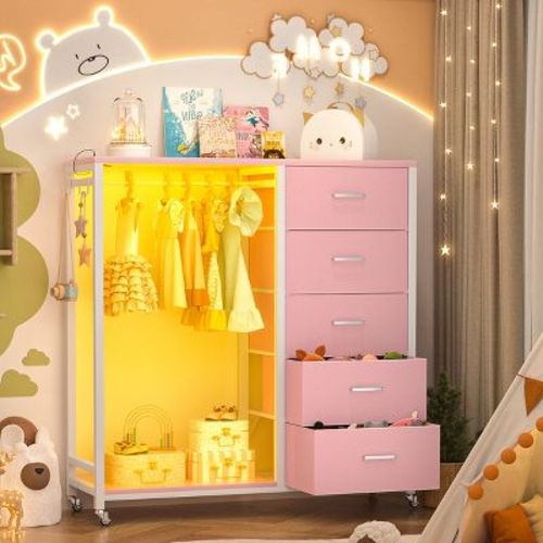Aheaplus Rollway Dresser with Charge Station and LED Light,Chest With Drawers for Kids Room