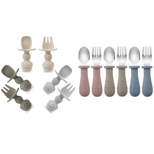 PandaEar Silicone Baby Spoons & Toddler Utensils (Blue/Brown/Red)