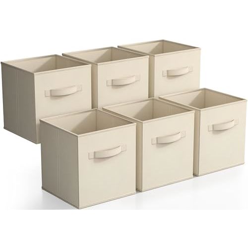Sorbus Foldable Storage Cubes - 6 Fabric Baskets for Organizing Pantry, Closet, Shelf, Nursery, Playroom, Toy Box - 11 Inch Dual Handle Collapsible Closet Organizers and Storage Bins (Beige)