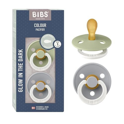 BIBS Pacifiers 0-6 Months | 2-Pack Soothers | BPA-Free Symmetrical Nipple | Made in Denmark | Sage Glow/Cloud Glow Colour Pacifier | Natural Rubber | Size 1 | BPA-Free | Made in Denmark | Glow Handle | High Nipple Acceptance